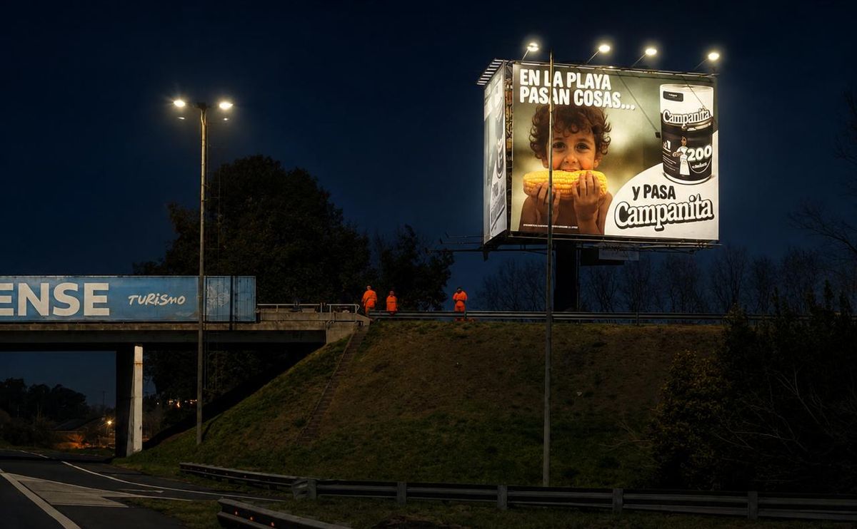 Cartel de Mentor iluminado de noche sobre una autopista